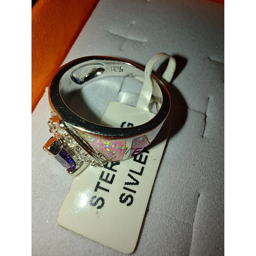 Ring Sterling Silver Purple Trillion Pink Lab Opal Statement SR016336-PO Size 5